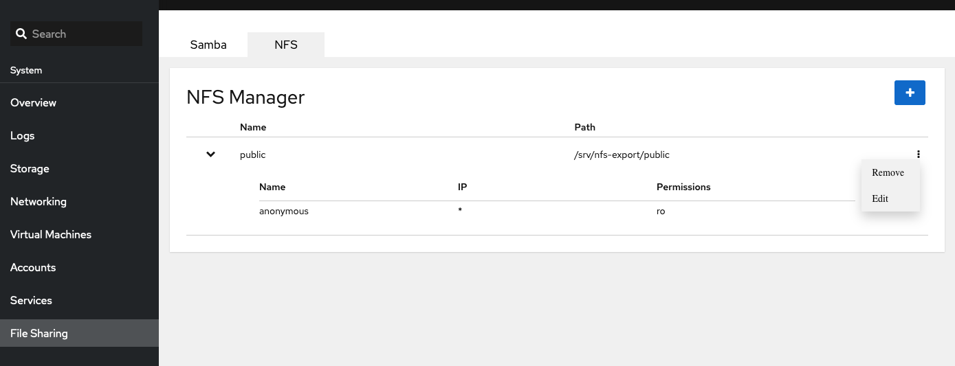 Cockpit `__File Sharing__` NFS share list