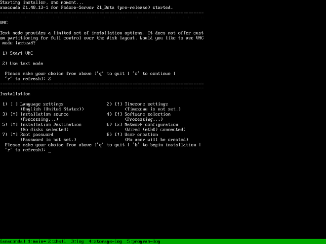 The main menu in during a text-based installation.