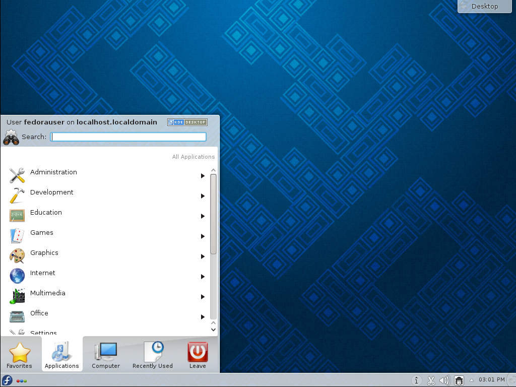 Menu KDE menampilkan aplikasi dalam kategori. Isi kategori ditampilkan saat diklik.