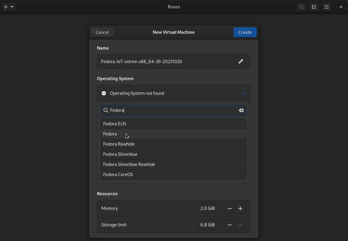 GNOME Boxes Selecting Fedora