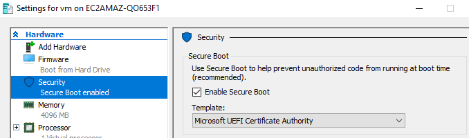 Virtual machine Secure Boot settings