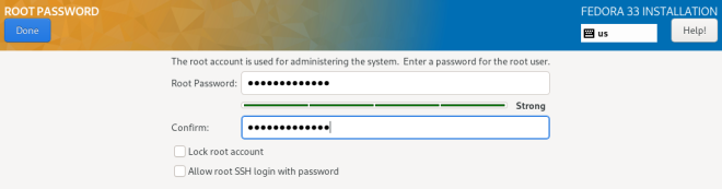 Екран Root Password. Використовуйте поля для введення тексту, щоб ввести свій пароль адміністратора.